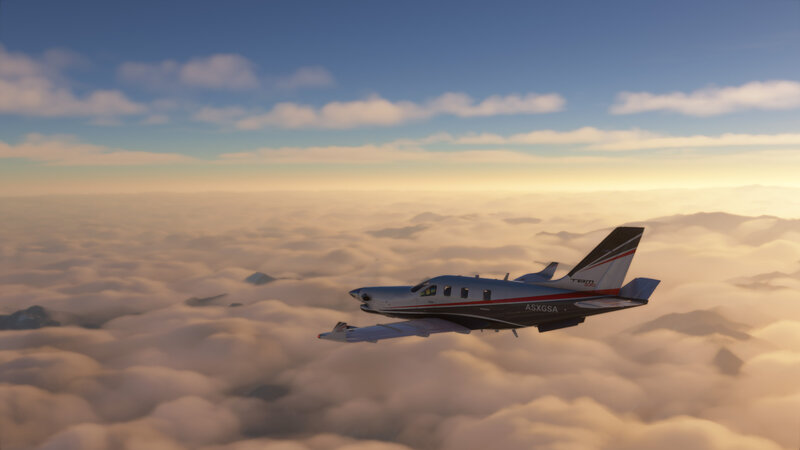 Airplane Above Clouds — Blue, Serene, Sunrise