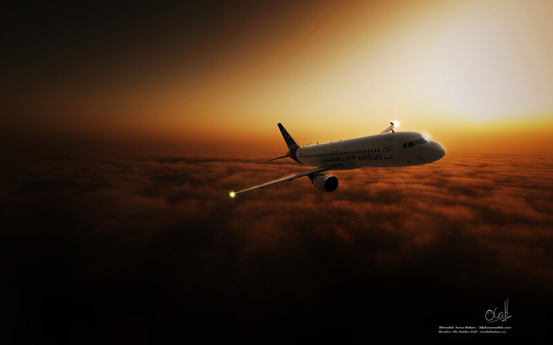 Airplane Above Clouds — Orange, Dramatic, Sunrise, Digital Art