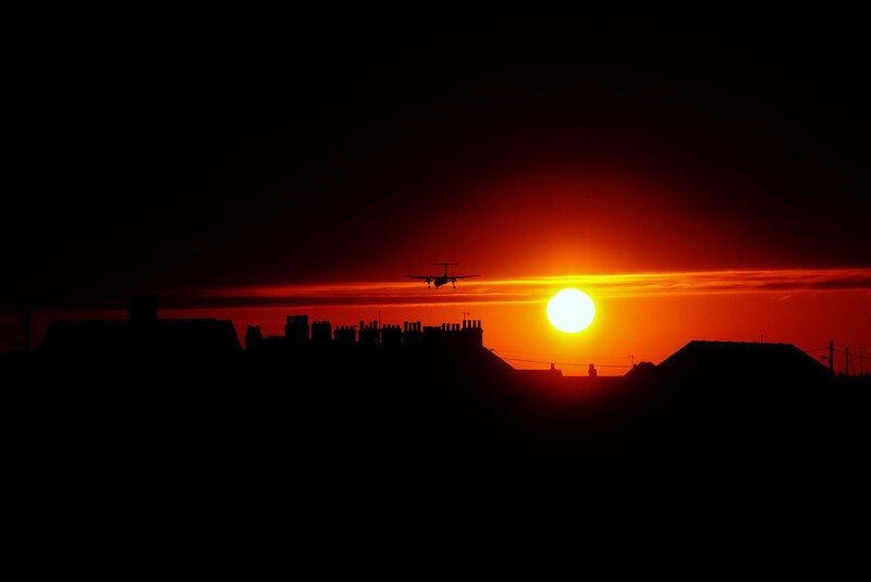 Airplane at Sunset — Orange, Dramatic, Photograph, Sun, Rooftops