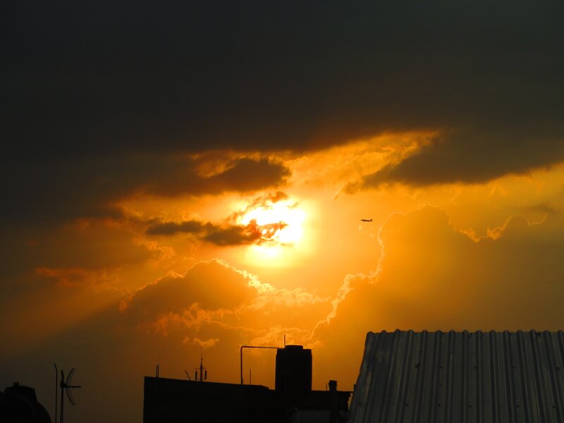 Airplane at Sunset — Orange, Dramatic, Photograph, Sun