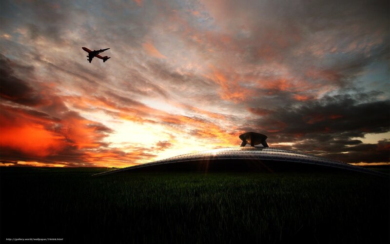 Airplane at sunset over dome
