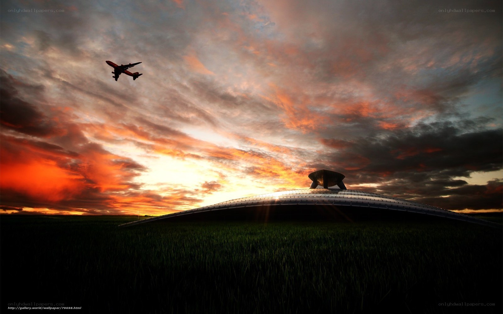 Airplane at sunset over dome