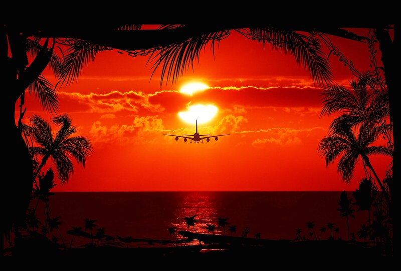 Airplane at Sunset — Red, Dramatic, Photograph