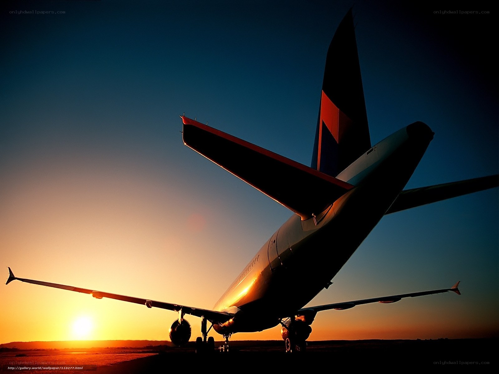 Airplane at sunset silhouette