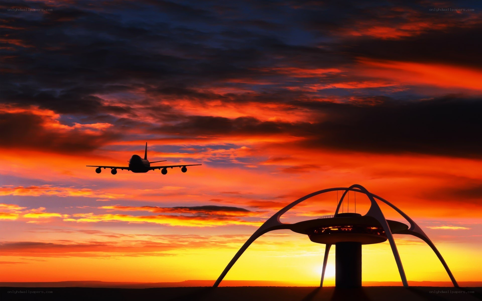 Airplane at sunset with futuristic structure