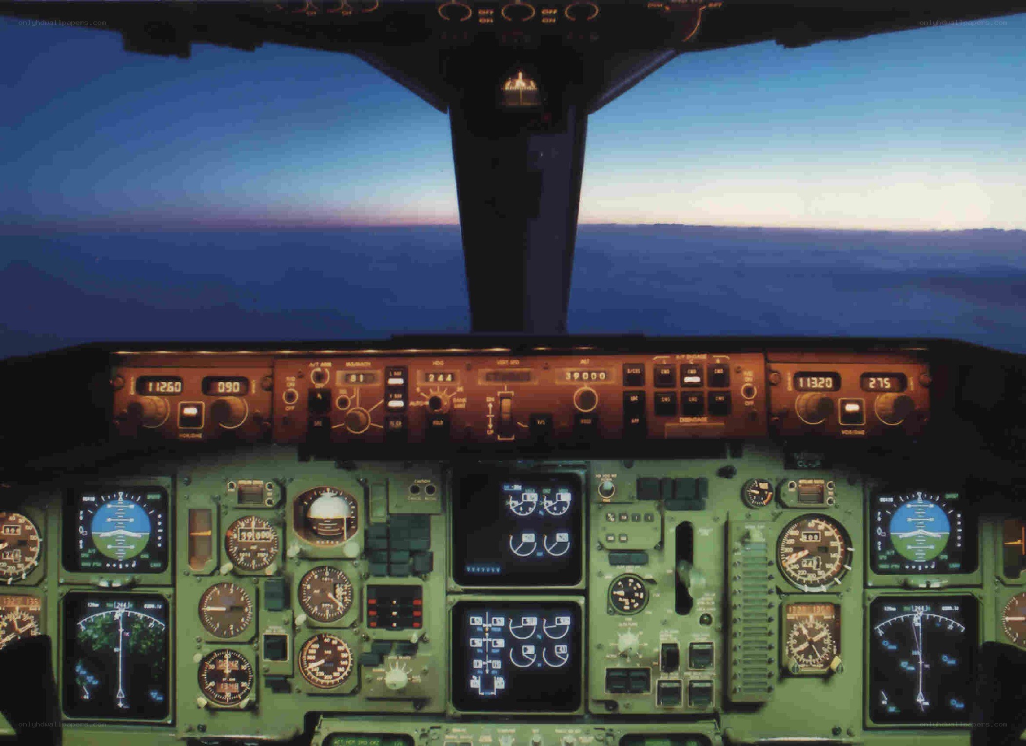 Airplane cockpit at dusk