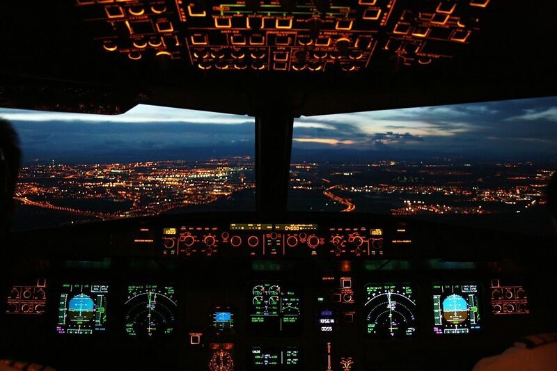 airplane cockpit at night