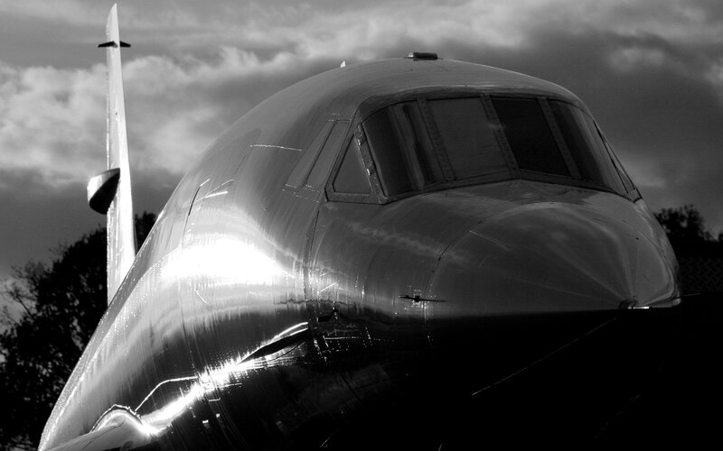 airplane cockpit in black and white