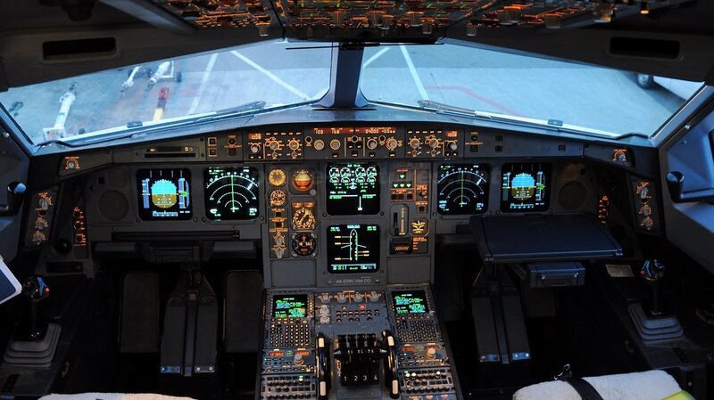 Airplane Cockpit Interior — Black, Technical, Night, Photograph