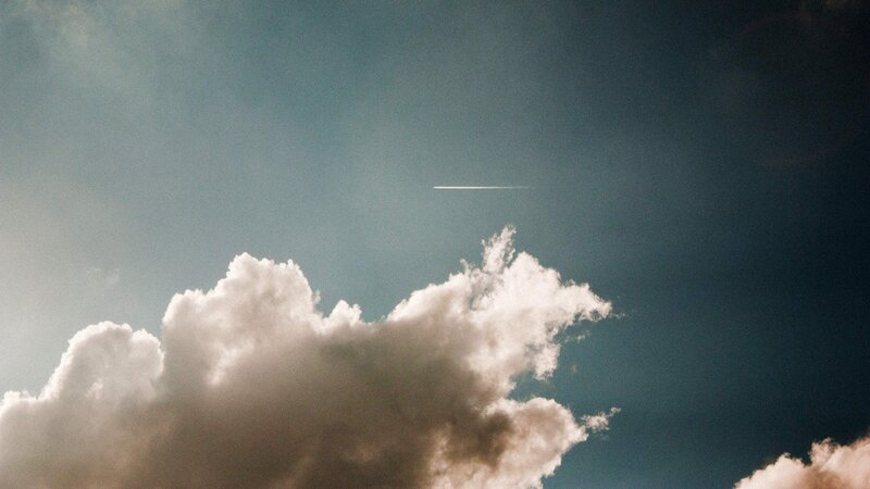 Airplane Contrail in Sky — Blue, Dramatic, Photograph
