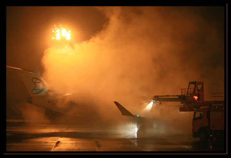 Airplane de-icing at night