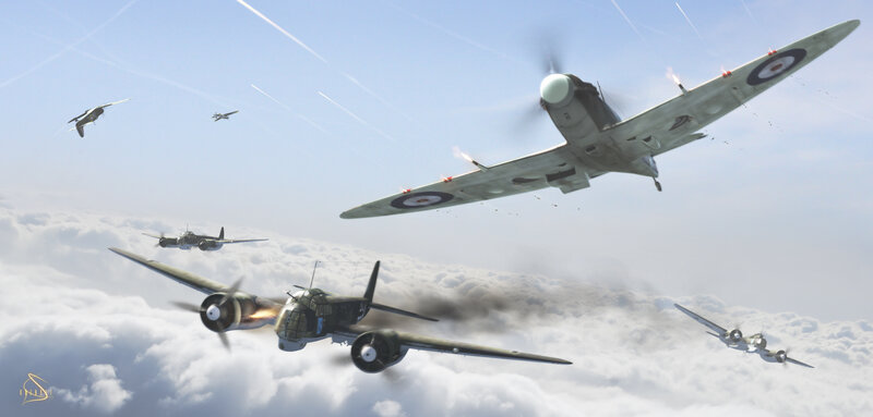 Airplane Dogfight — Blue, Dramatic, Afternoon, Digital Art