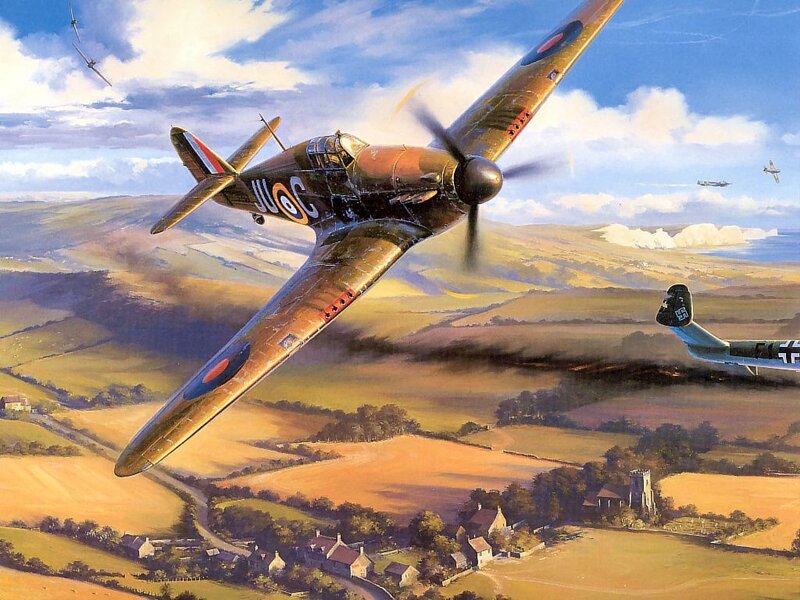 Airplane Dogfight — Blue, Dramatic, Afternoon, Illustration, Airplanes