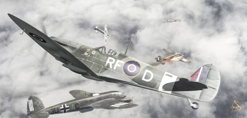 Airplane Dogfight — Gray, Dramatic, Digital Art, Airplanes, Clouds, Combat