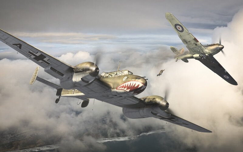 Airplane Dogfight — Gray, Dramatic, Digital Art, Airplanes, Clouds, Parachute, White