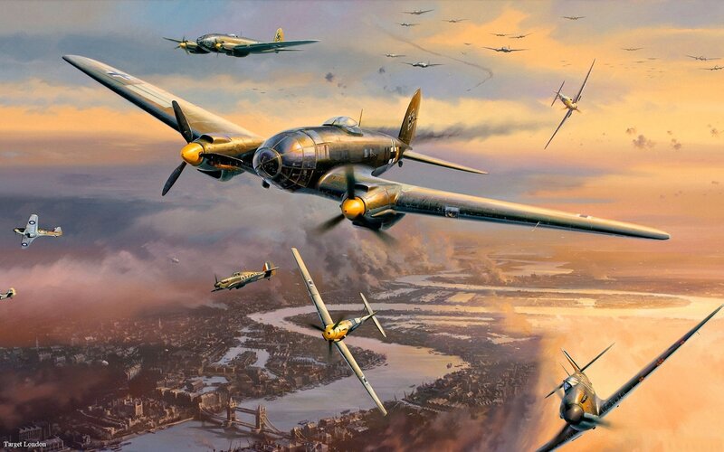 Airplane Dogfight over City — Orange
