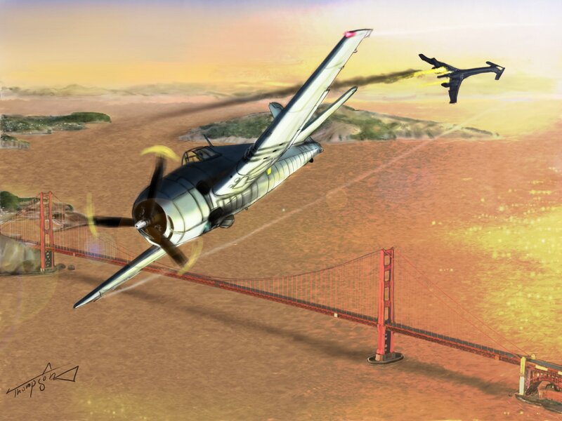 Airplane dogfight over Golden Gate Bridge