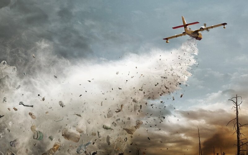Airplane dropping debris over forest