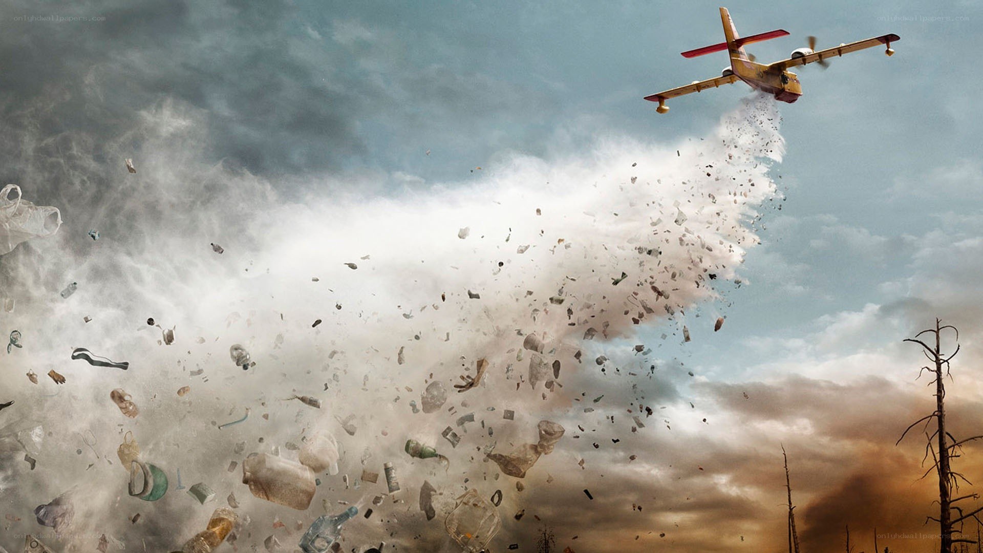 Airplane dropping trash over wasteland