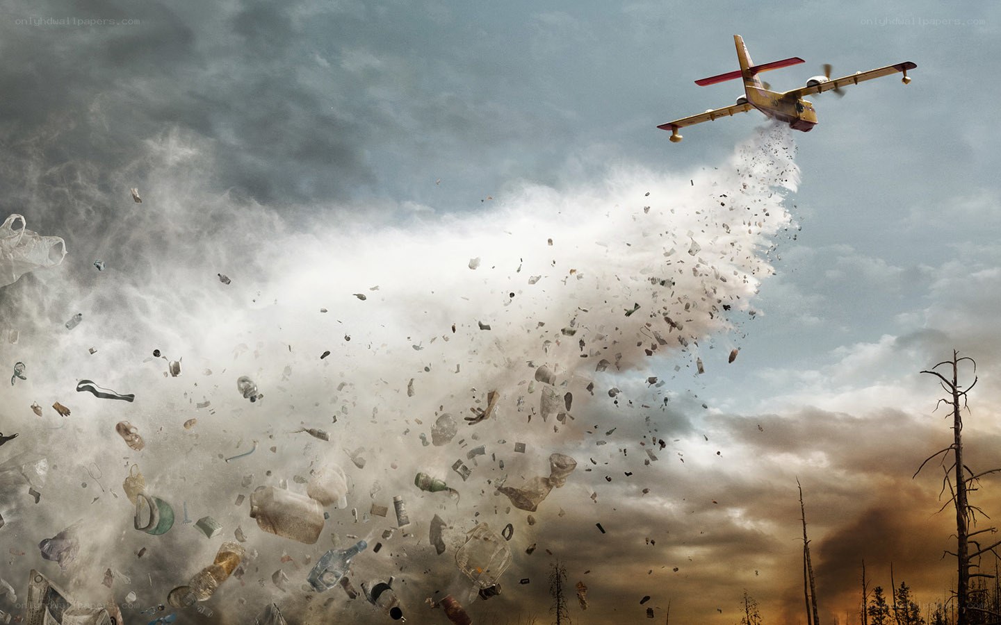 Airplane drops trash over forest