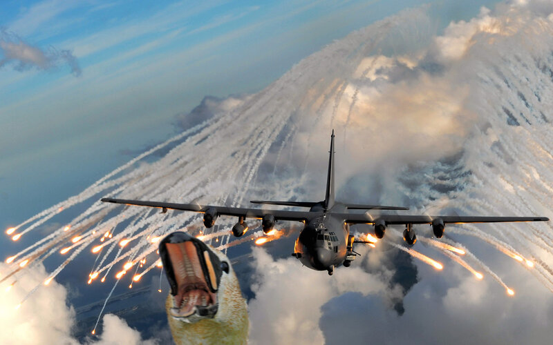 Airplane firing flares with dinosaur