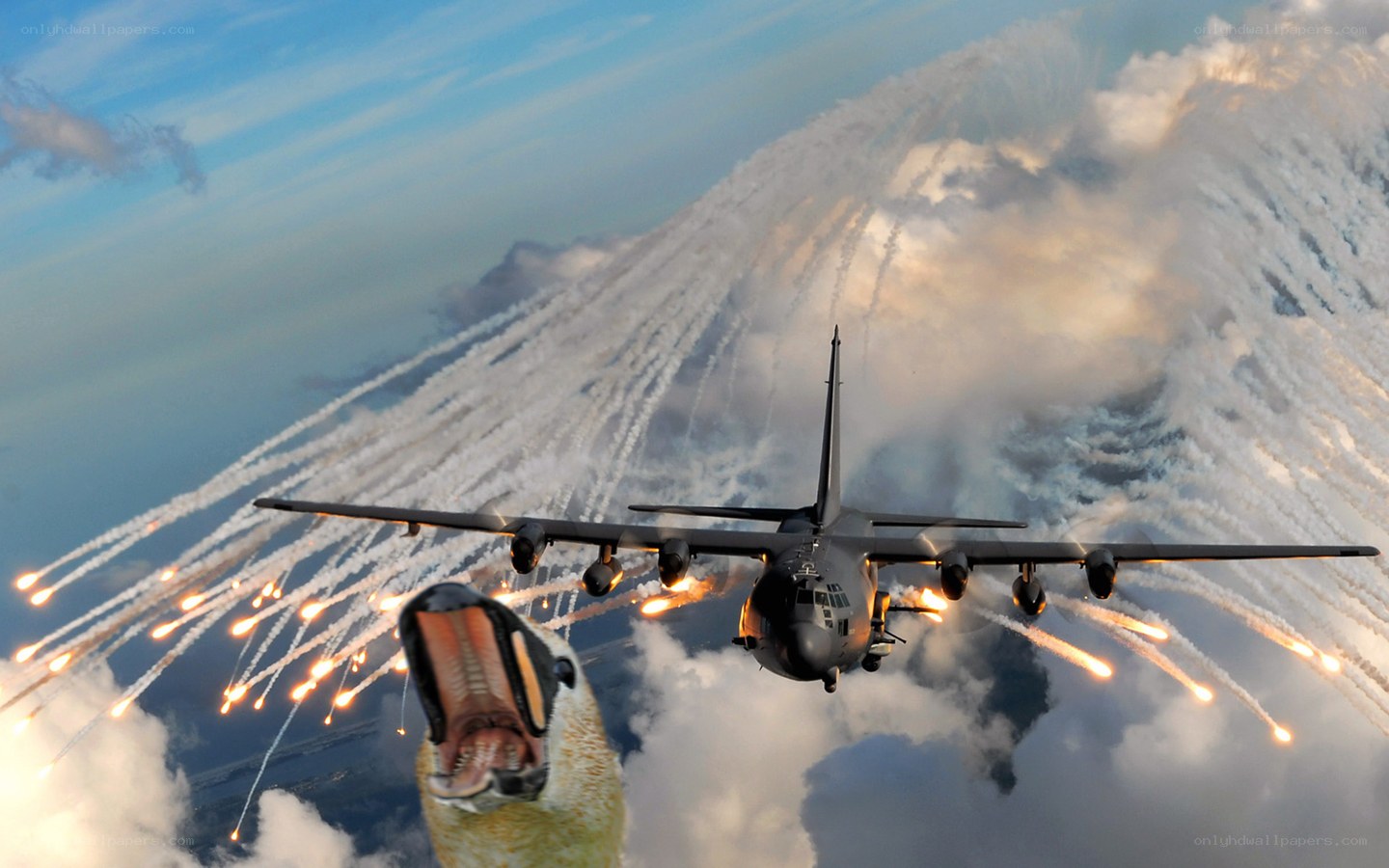 Airplane firing flares with dinosaur