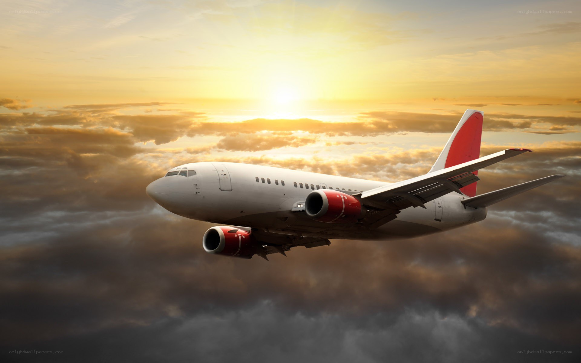 Airplane flying above clouds