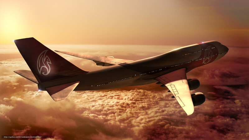 Airplane Flying Above Clouds — Orange, Dramatic, Sunset, Digital Art, Sky, Sun