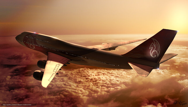 Airplane Flying Above Clouds — Orange, Dramatic, Sunset, Digital Art