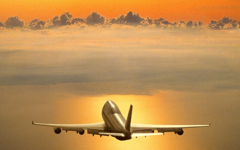 Airplane Flying Above Clouds — Orange, Serene, Sunset, Photograph, Sky, Sun, Yellow