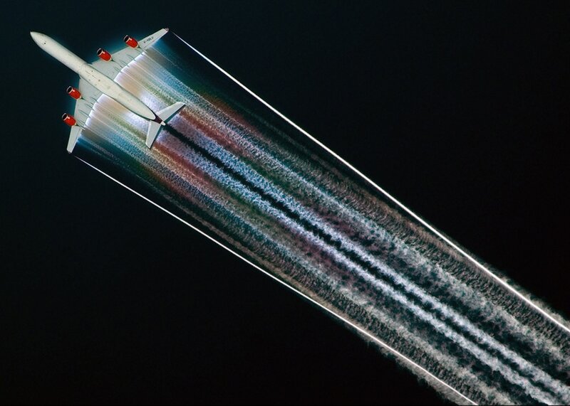 Airplane Flying at Night — Black, Dramatic, Photograph