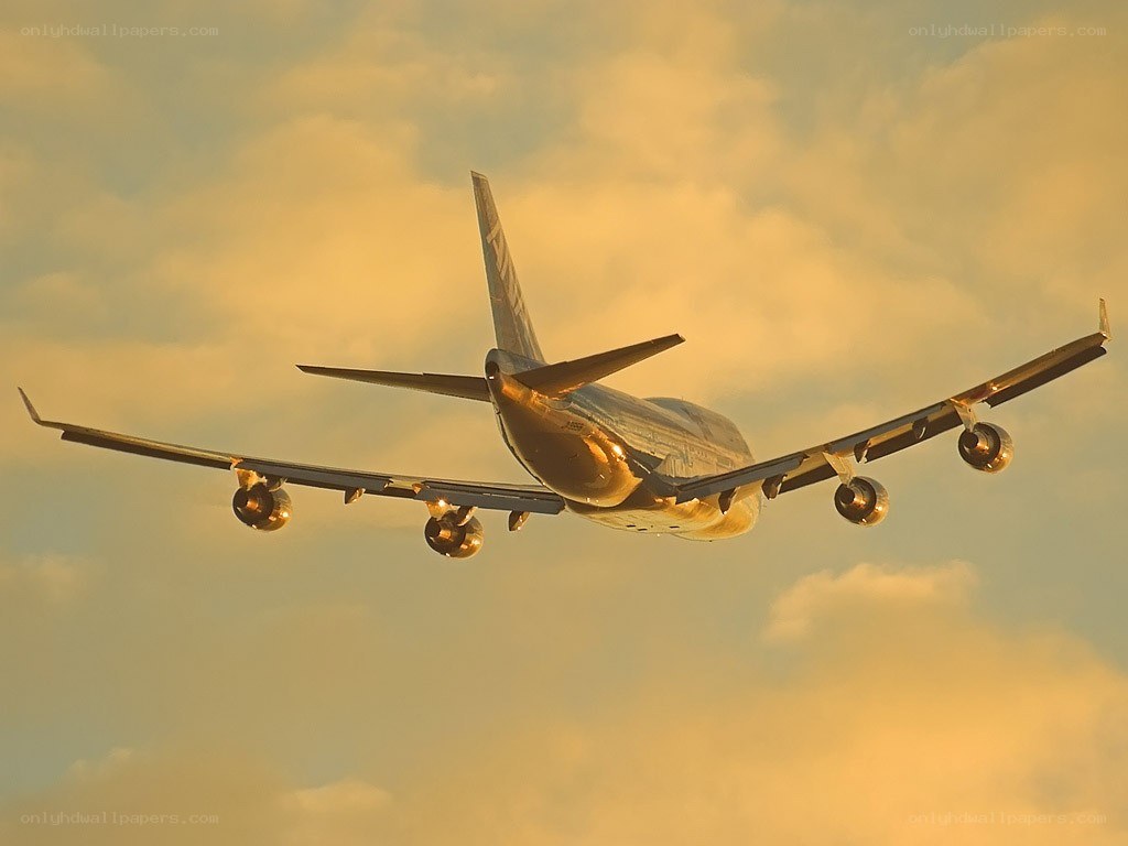 airplane flying at sunset