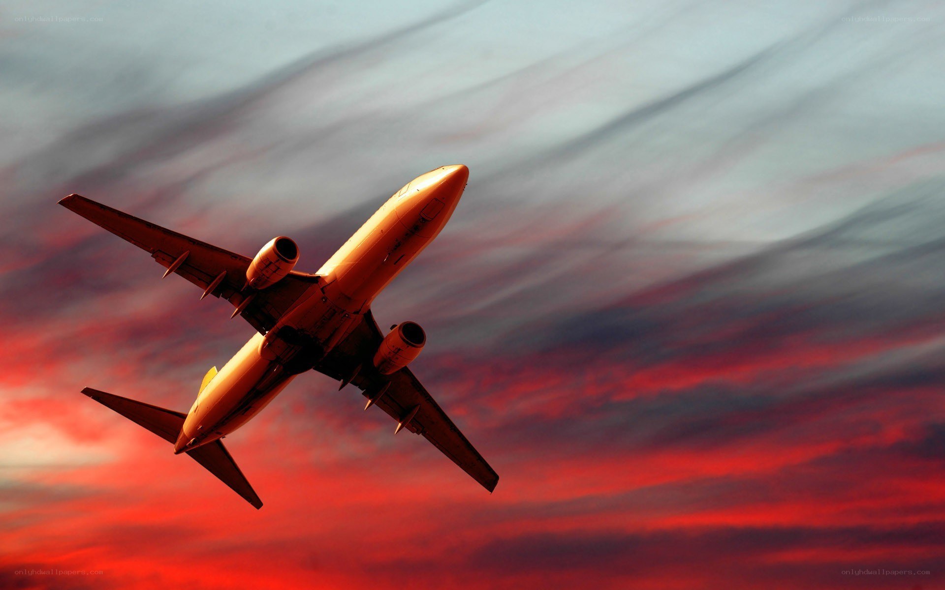 airplane flying at sunset