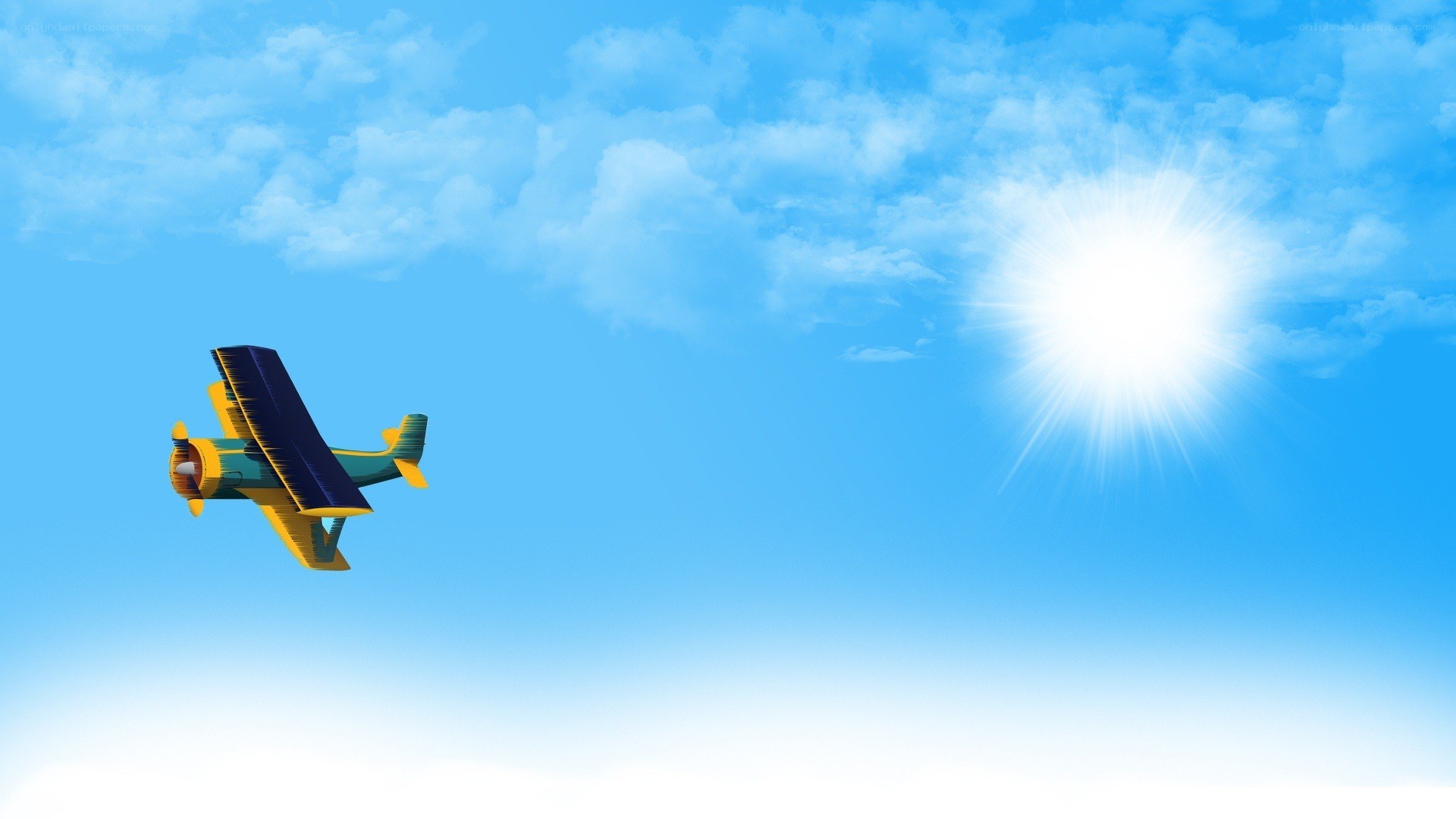 Airplane flying in sunny sky