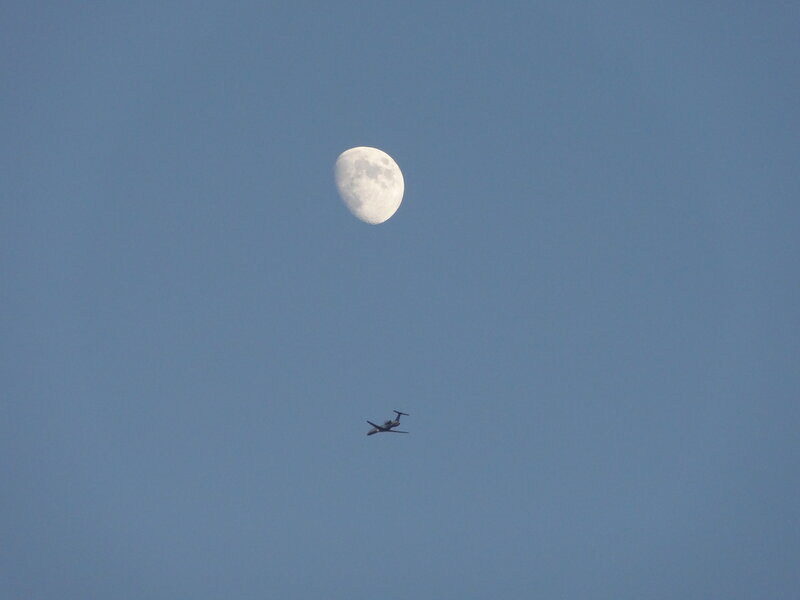 Airplane Flying Near Moon — Blue