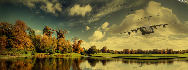 Airplane flying over autumn landscape