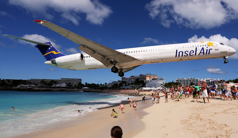 Airplane Flying over Beach — Blue, Dramatic