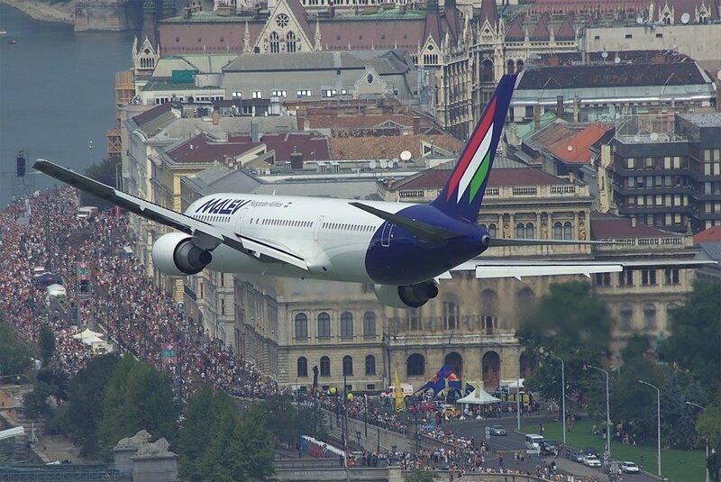 Airplane flying over Budapest