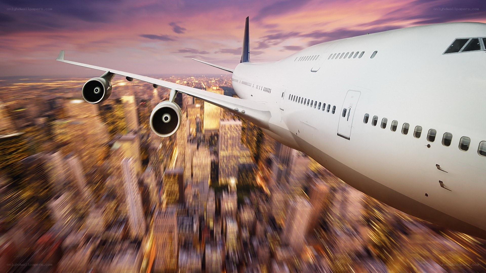 Airplane flying over city