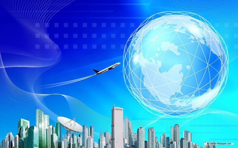 Airplane Flying over City — Blue, Futuristic