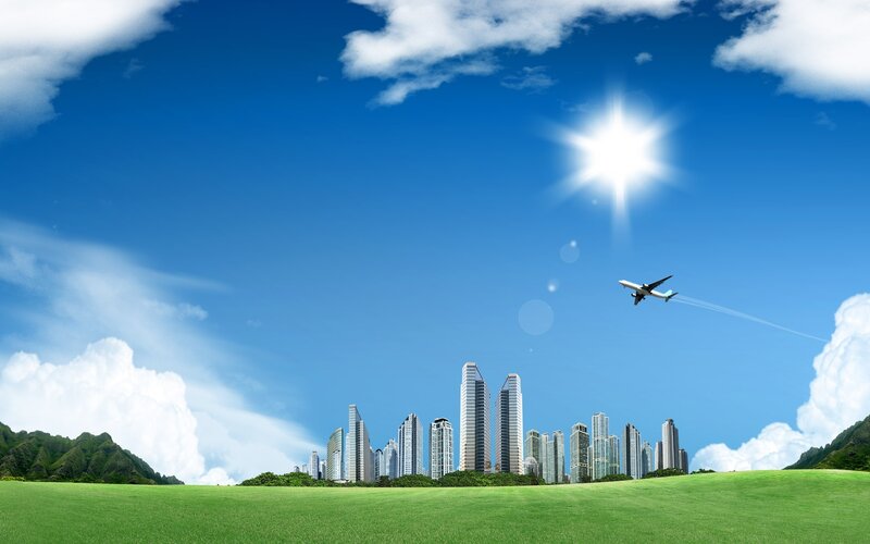 Airplane Flying over City — Blue, Serene