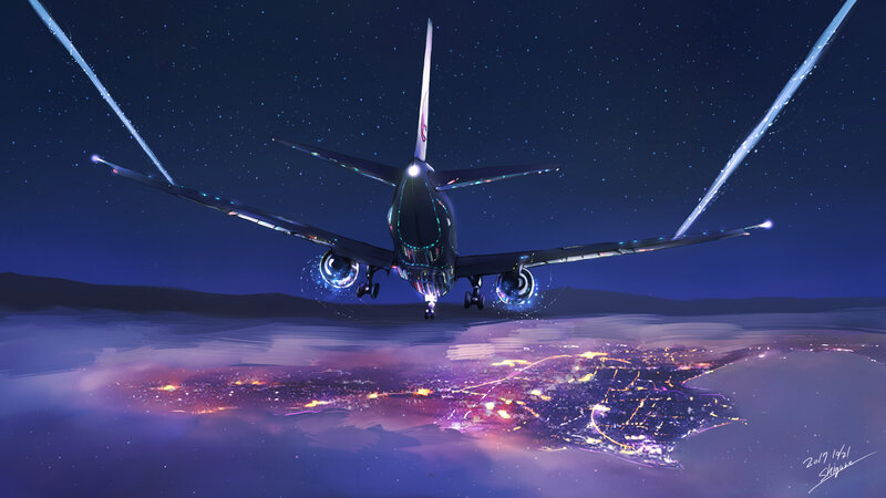 Airplane Flying over City — Purple, Dramatic, Night