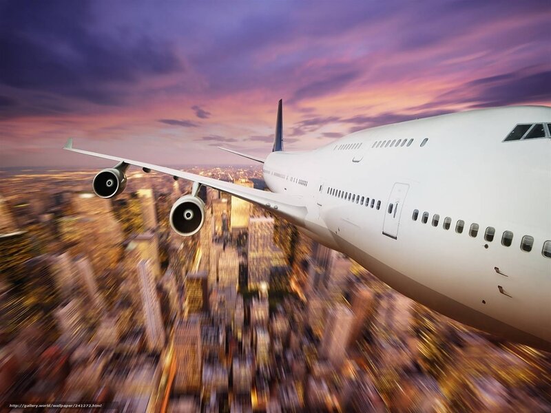 Airplane Flying over City — Purple, Dramatic