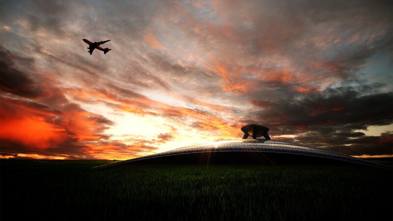 Airplane Flying over Dome — Orange