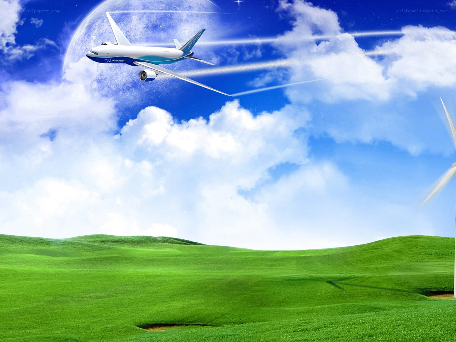 Airplane flying over green hills