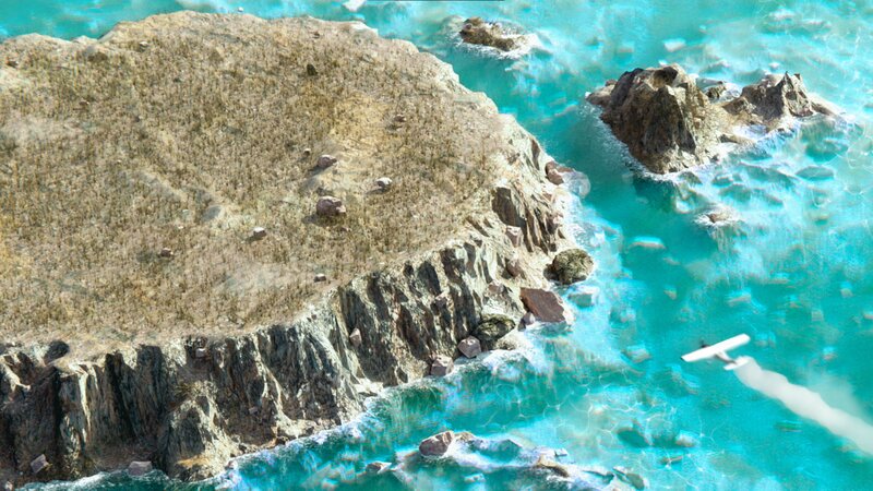 Airplane Flying over Island — Blue, Dramatic