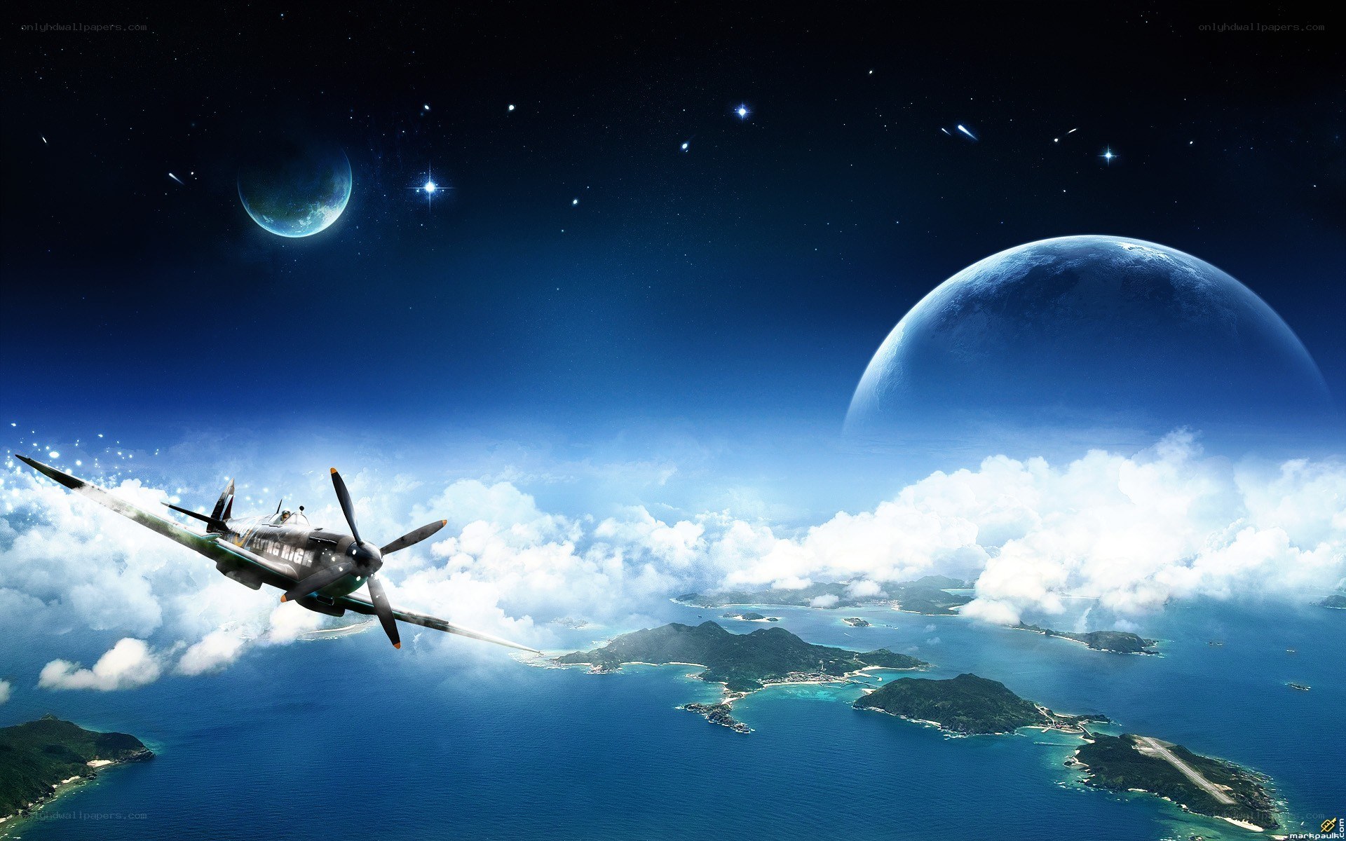 airplane flying over islands