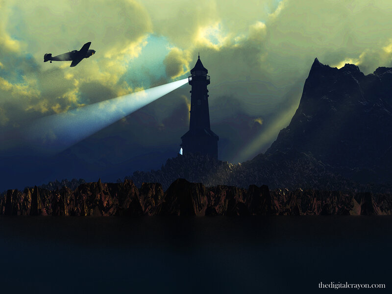 Airplane Flying over Lighthouse