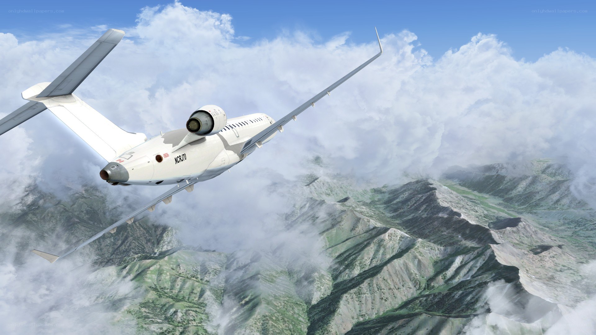 airplane flying over mountains