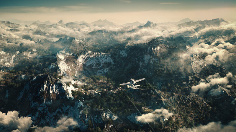 Airplane Flying over Mountains — Gray